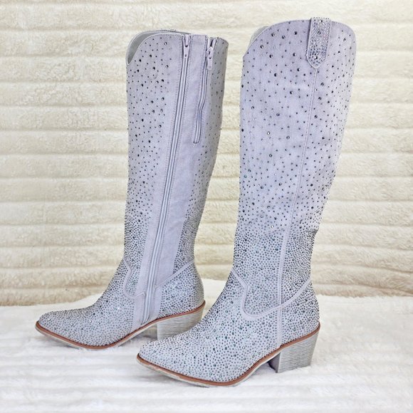 Wild Ones Glamour Cowboy Rhinestone Cowgirl Boots Tuck Zipper Plus Silver Gray - Picture 3 of 13
